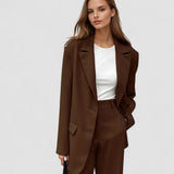 Sacou vintage coordonat mocha și pantaloni cu picioare largi