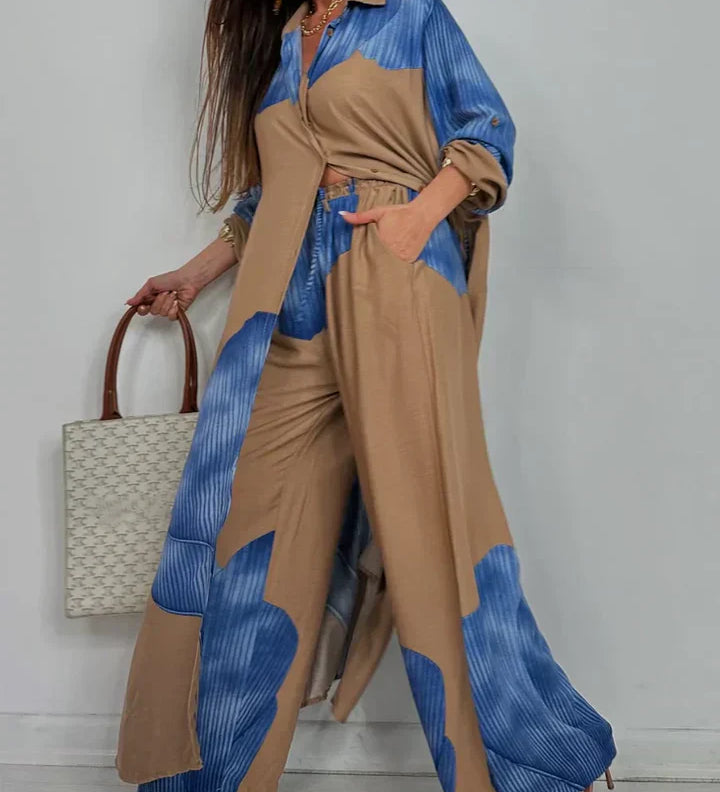 ISABEAU – SET TOP CU PRINT PATCHWORK TENDENȚĂ ȘI PANTALONI LARGI
