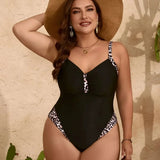 Liliana – Costum de baie întreg cu imprimeu leopard negru și decolteu în V