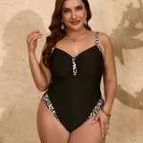 Liliana – Costum de baie întreg cu imprimeu leopard negru și decolteu în V