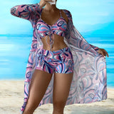 Filomena – Set Bikini 3-Piese cu Imprimare Spiralată și Top cu Siret