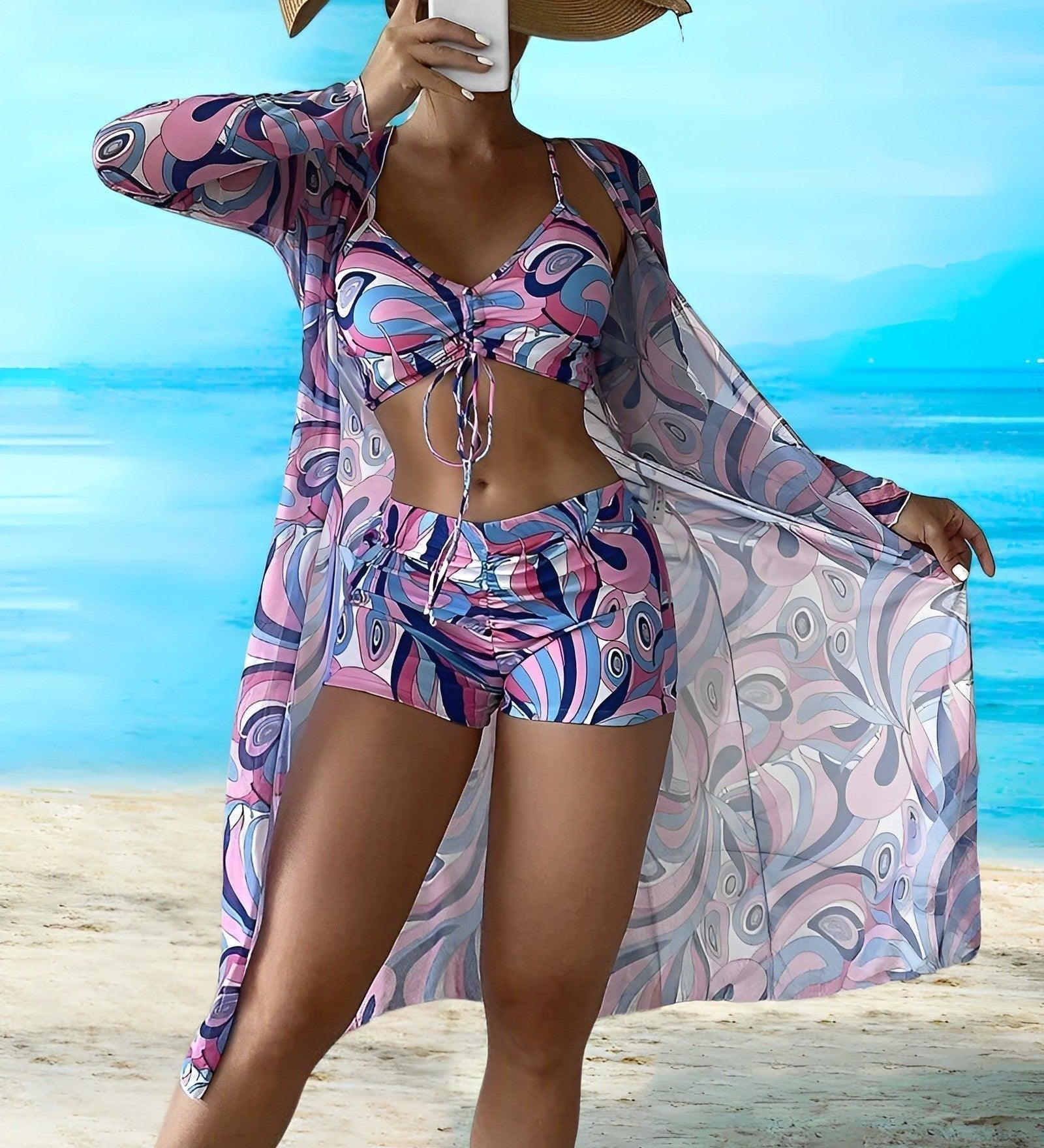 Filomena – Set Bikini 3-Piese cu Imprimare Spiralată și Top cu Siret