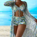 Filomena – Set Bikini 3-Piese cu Imprimare Spiralată și Top cu Siret