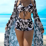 Filomena – Set Bikini 3-Piese cu Imprimare Spiralată și Top cu Siret
