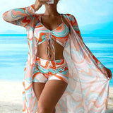 Filomena – Set Bikini 3-Piese cu Imprimare Spiralată și Top cu Siret