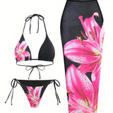 Carina – Bikini triunghi cu imprimeu lotus și fustă maxi transparentă