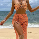Dorina – Set Bikini Boho cu Top Bandeau & Fustă de Plajă
