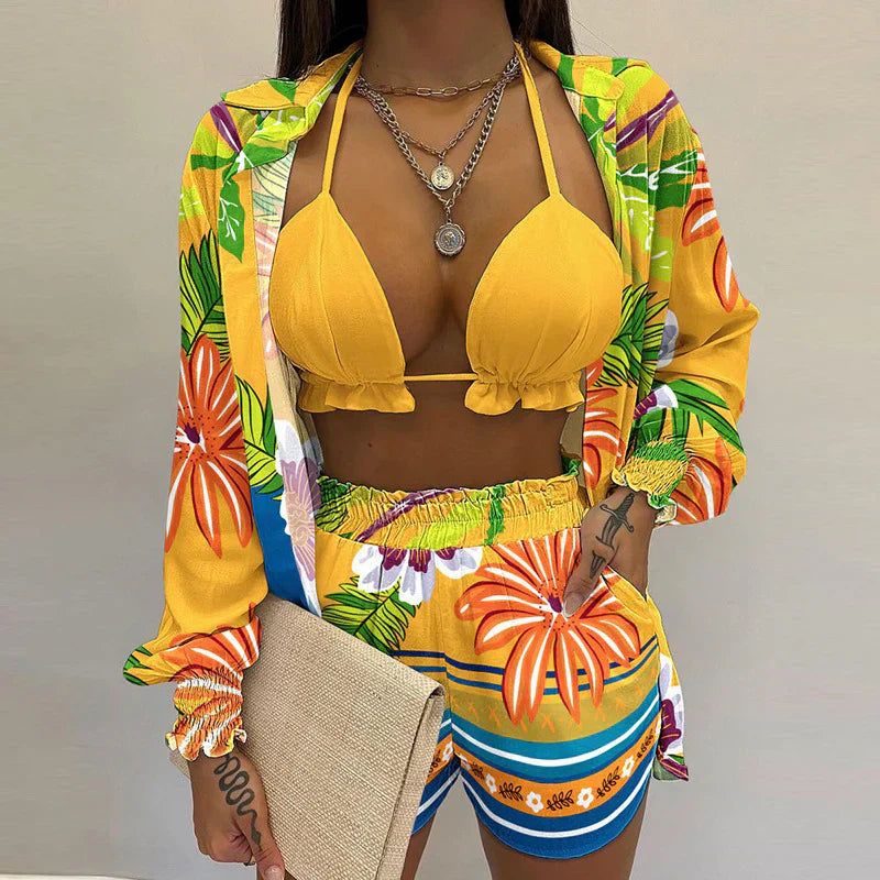 Felicia – Set bikini 3 piese: top triunghi, pantaloni scurți și bluză
