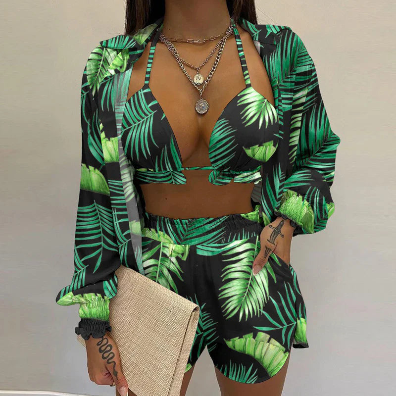 Felicia – Set bikini 3 piese: top triunghi, pantaloni scurți și bluză