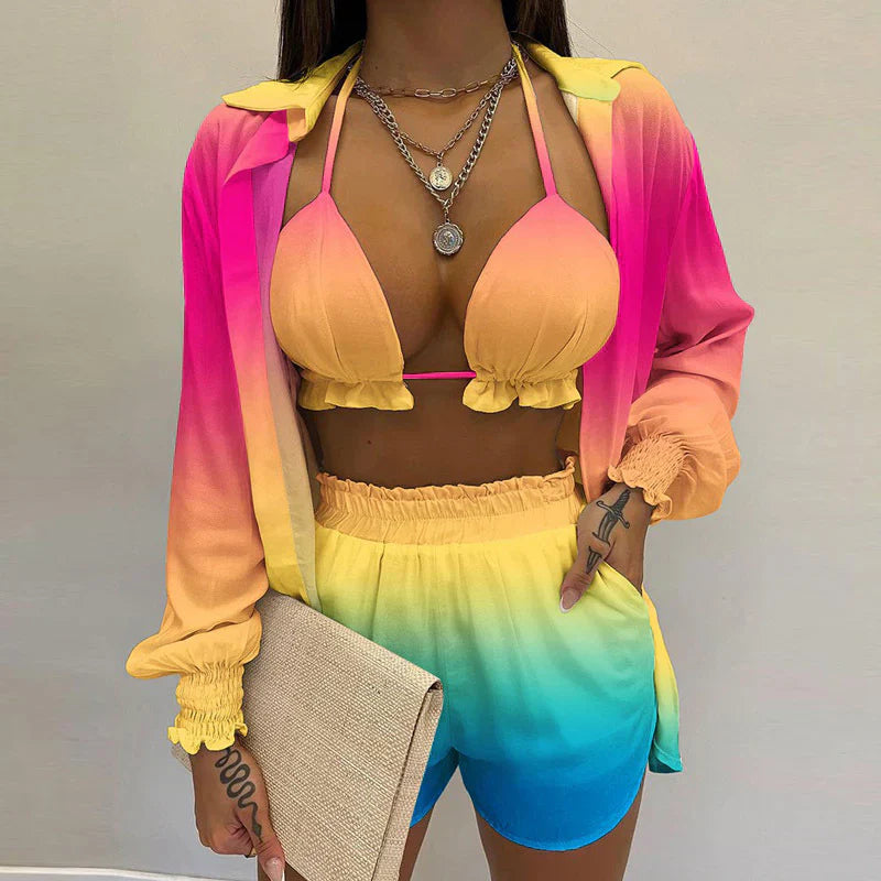 Felicia – Set bikini 3 piese: top triunghi, pantaloni scurți și bluză