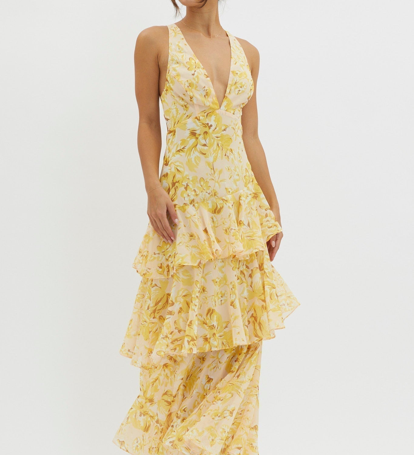 Faye – Rochie Midi de Damă Elegantă cu Volane și Spate Deschis