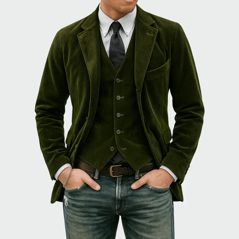 Arthur | Set Elegant Sacou + Vestă din Catifea în Dungi