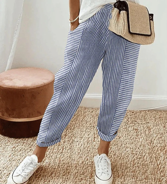 Celia | Pantaloni din Bumbac Rayat Clasic