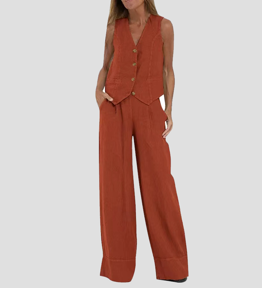 Jessica - Set Vestă cu Nasturi și Pantaloni Largi