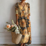 Dora – Rochie Artistică cu Model Geometric și Tonuri Pământii