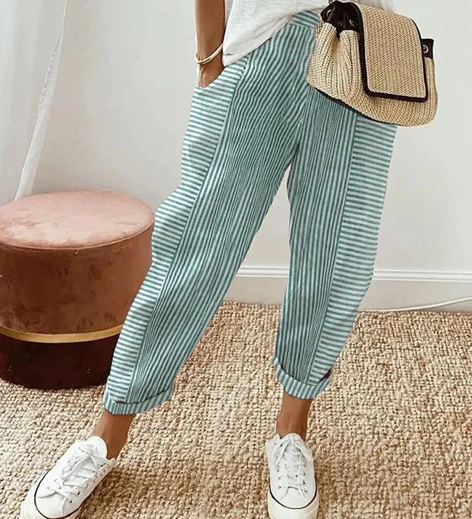 Celia | Pantaloni din Bumbac Rayat Clasic