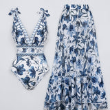 Raluca – Set Costum de Baie Întreg și Fustă Maxi cu Imprimeu Floral